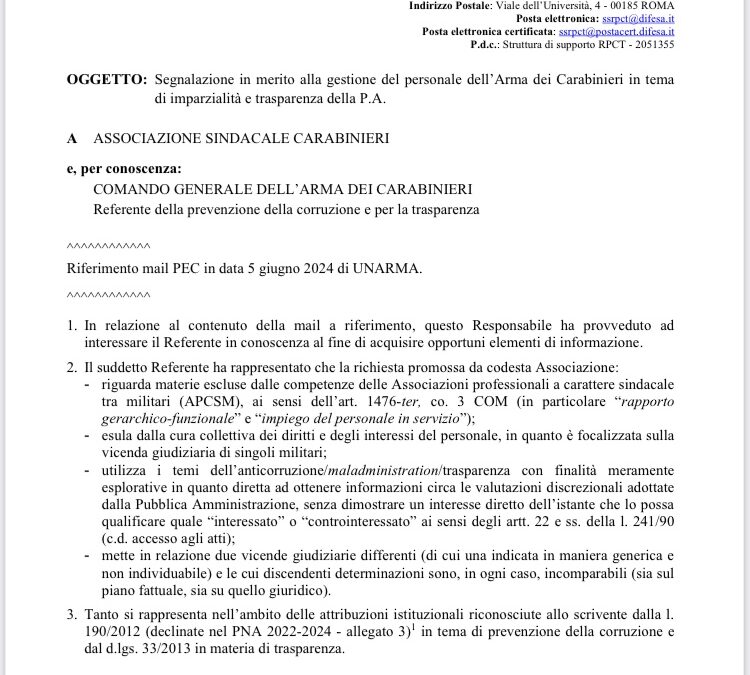 IL RPCT NEGA LA RICHIESTA DI TRASPARENZA DI UNARMA 