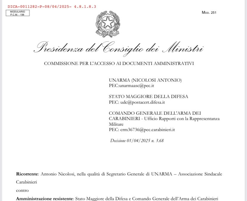 Accesso ai dati sugli alloggi dell’Arma dei Carabinieri: accolto il ricorso di UNARMA