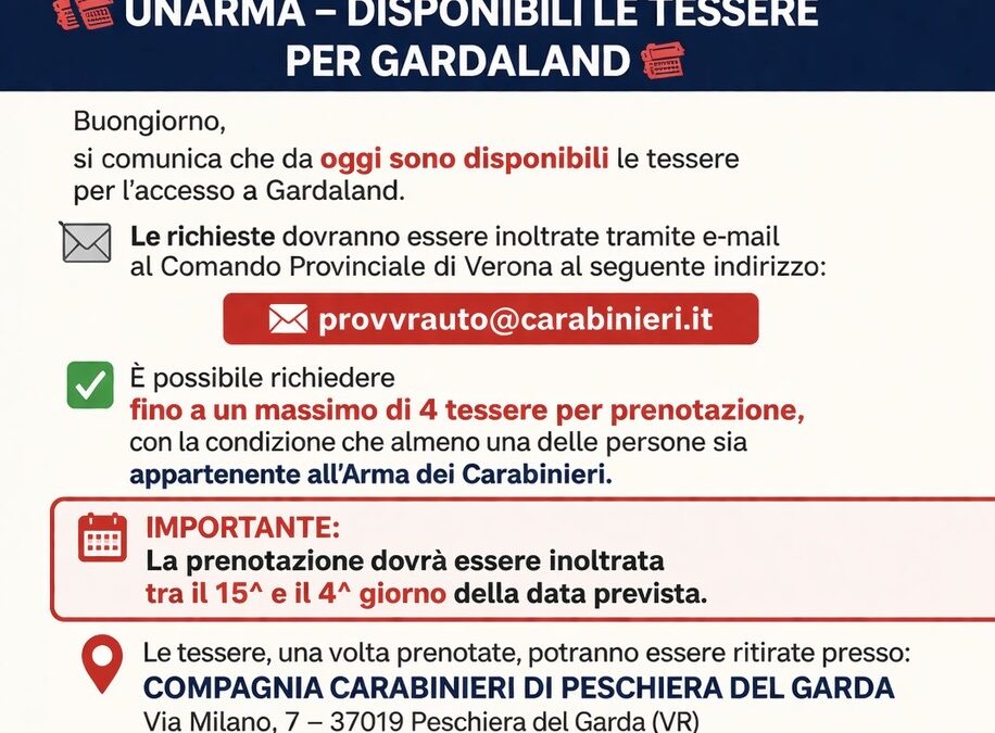 🎟️ UNARMA – DISPONIBILI LE TESSERE PER GARDALAND 🎟️