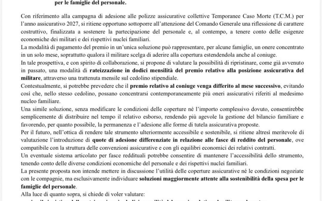 OGGETTO: Polizze assicurative collettive T.C.M. – Proposta di rateizzazione dei premi e maggiore sostenibilità per le famiglie del personale