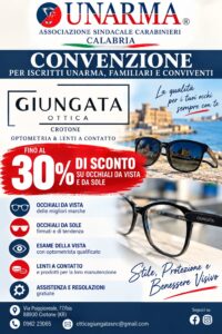 UNARMA, Carabinieri, Convenzione, Ottica, Giungata, Crotone, Occhiali da vista, Occhiali da sole, Lenti a contatto, Esame della vista, Sconto 30%