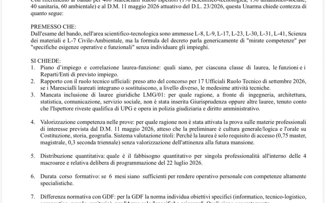 OGGETTO: Richiesta chiarimenti in merito al concorso straordinario per 400 Marescialli del Ruolo Ispettori – D.M. 11 maggio 2026 – D.L. 23/2026. Richiesta di contezza sul fabbisogno, sui criteri di individuazione delle classi di laurea e sul piano di impiego.